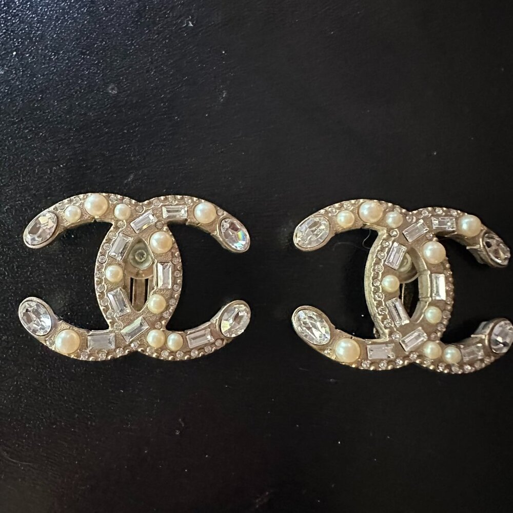 (Sold on eBay) Chanel Logo Crystal and Pearl Earrings